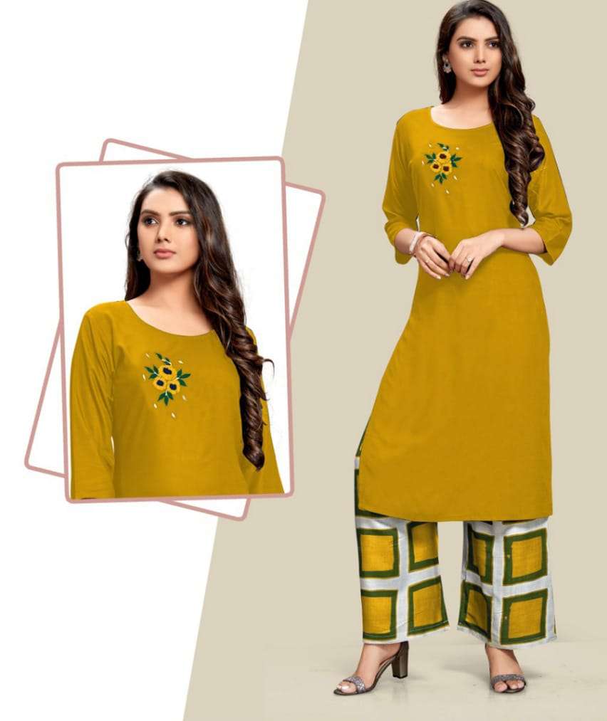 VASTRA MODA PRESENTS VM 251 RAYON TOP WITH EMBROIDERY AND GEOMETRIC PRINT BOTTOM M TO XXL
